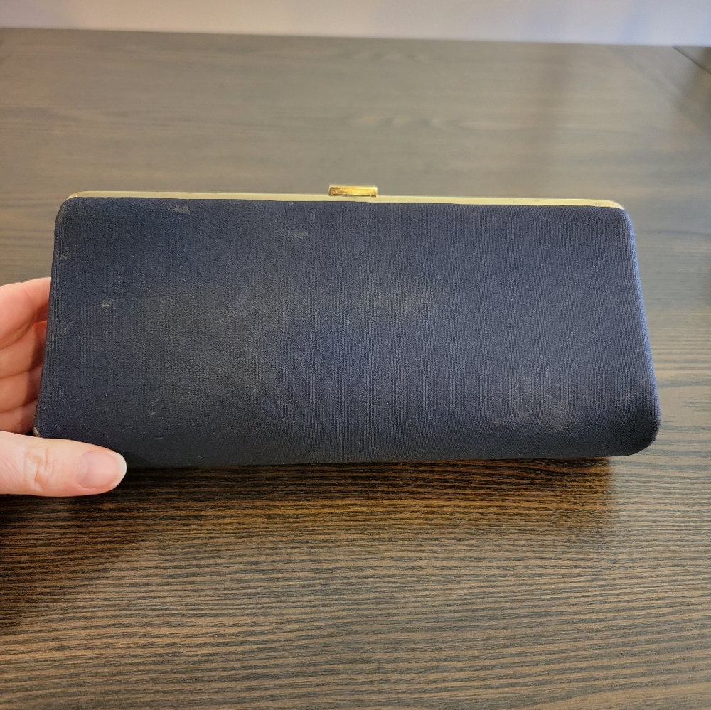 Vintage MCM HL USA Black Cloth Clutch Gold Clasp Hard Shell